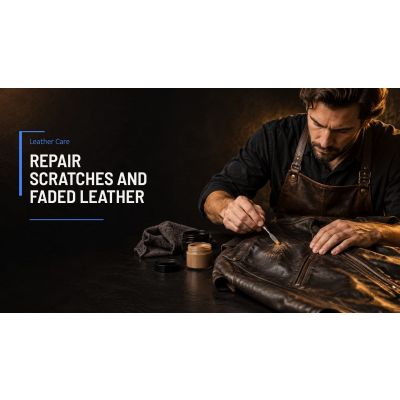 Lederjacke wird mit Füllmasse und Farbstoff repariert