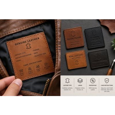 Close-up of genuine leather label on a leather jacket showing material composition and care instructions