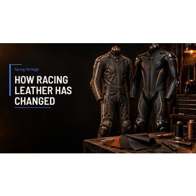 Vintage leather racing suit beside a modern motorcycle race suit