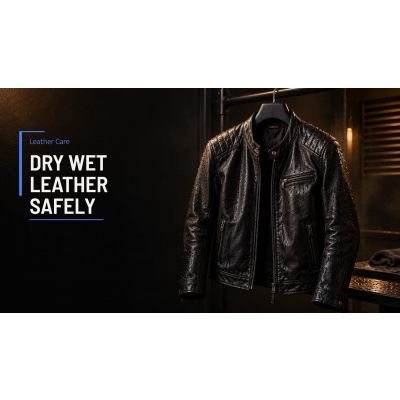 Black leather jacket hanging on a wide padded hanger to dry indoors