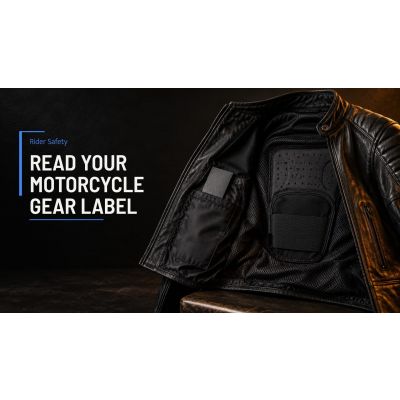 Nahaufnahme eines Etiketts in einer Motorradjacke mit Normkennzeichnungen