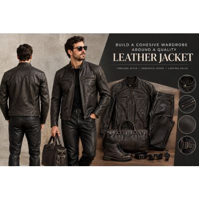 Leather jacket capsule wardrobe with coordinated pieces showing fit, style, and quality details