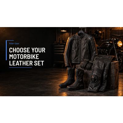 Motorista con mono de moto de piel negra junto a una moto deportiva