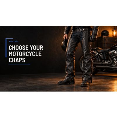 ライディングブーツの横に置かれた黒いレザーのバイク用チャップス