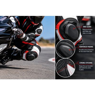 Close-up view of motorcycle knee sliders on a racing suit showing protective padding and construction