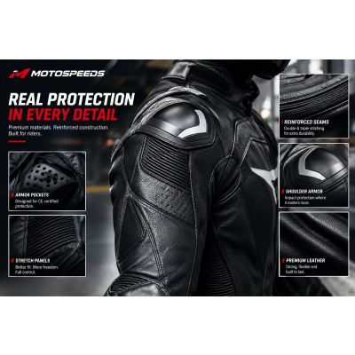 High-quality motorcycle leather gear showing reinforced stitching, armor placement, and protective construction for rider safety