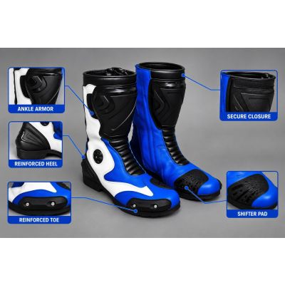 Motorcycle racing boots with reinforced ankle armor, shifter pad protection, and oil-resistant sole for track day safety