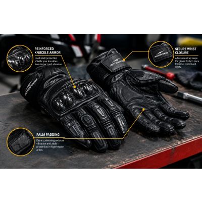 Motorcycle racing gloves with reinforced knuckle and palm armor for track riding