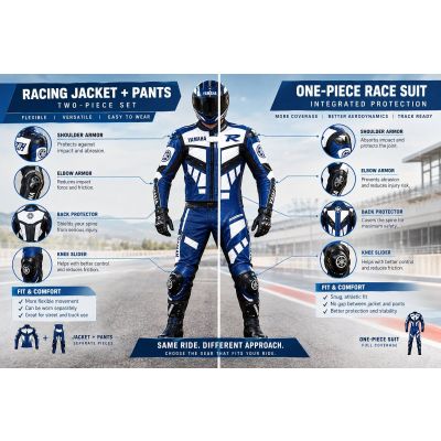 Comparison of motorcycle racing jacket and full race suit showing armor placement and protection coverage