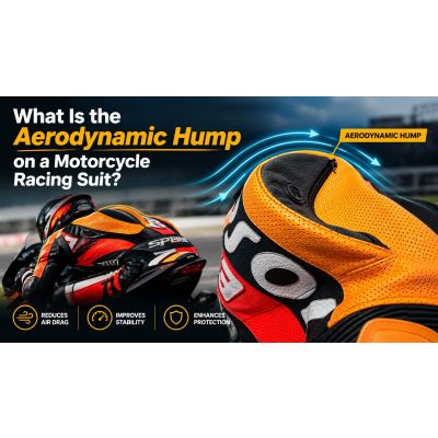 Close-up of aerodynamic hump on a motorcycle racing suit showing raised back panel design