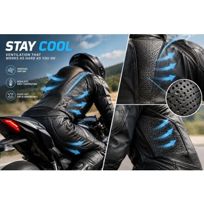Perforated motorcycle leather showing ventilation holes for airflow and rider cooling during warm weather riding