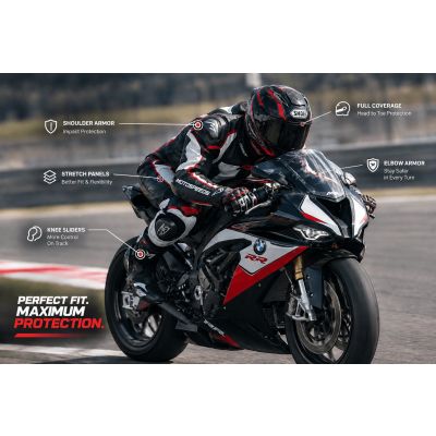 Rider preparing motorcycle racing suit with proper fit and armor alignment for track riding