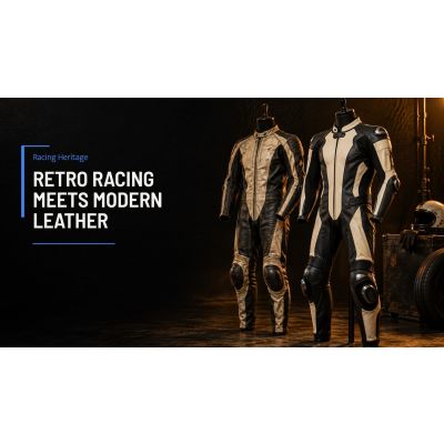 Black and white retro motorcycle race suit with contrast stripes on a workshop rail