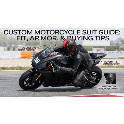 Rider wearing custom-fitted track day motorcycle gear in proper riding position