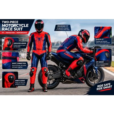 Two-piece motorcycle race suit fit and armor placement for track riding