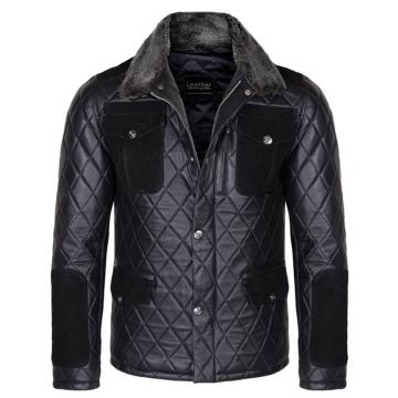 Diamond Leather Jacket with Fur Collar