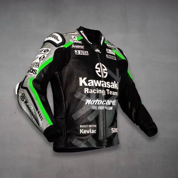 Kawasaki 黒のレザージャケット - MotoGP レーサーレザージャケット