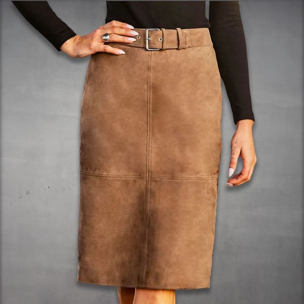 Belted Knee Length Suede Pencil Skirt