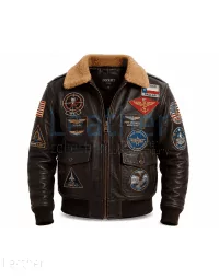 Top Gun Naval Pilot Patches Leather Jacket front view