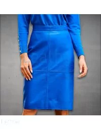 Leather Midi Pencil Skirt Blue front view
