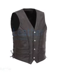 Side Lace & Braided Details Leather Vest front view