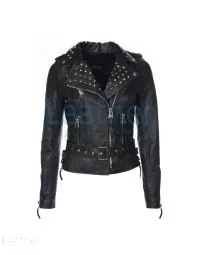 Womens Studded Collar Biker Leather Jacket front view