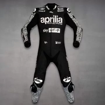 Aleix Espargaro Black Biker Suit Aprilia Winter Test 2022 Front view