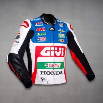 Alex Rins Castrol Honda replica leather jacket, right front angle