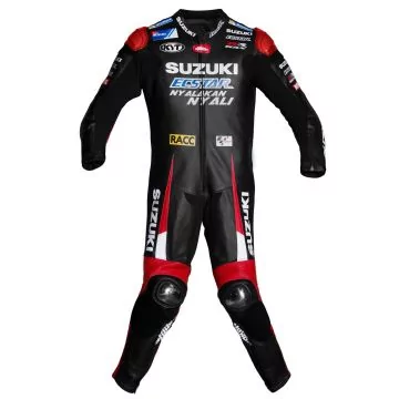 Aleix Espargaro MotoGP suit, black and red Suzuki 2016 replica leather suit, front view