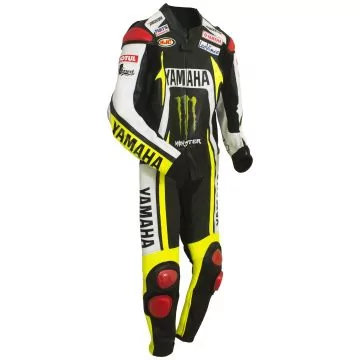 Macacão de corrida Monster Yamaha 2010 em preto e amarelo, vista lateral