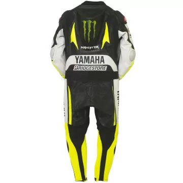 Macacão de couro de corrida Yamaha preto e amarelo, vista traseira