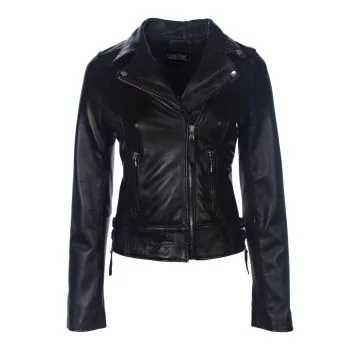 Black leather biker jacket for women, front view