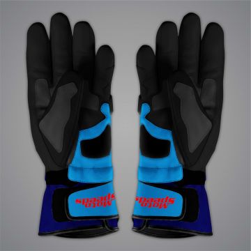 Blue leather MotoGP racing gloves with metal knuckle protection and Velcro wrist closure