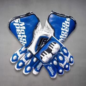 Biker motorcycle race gloves in blue and white cowhide leather