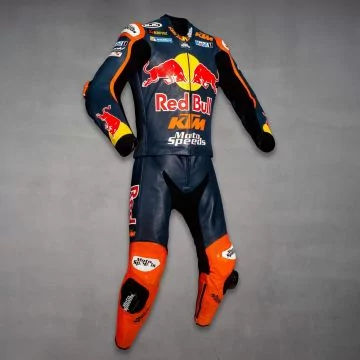 Brad Binder KTM Red Bull 2023 leathers in blue and orange, right side view