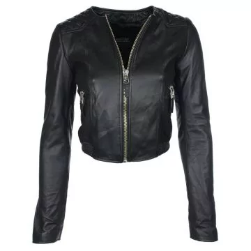 Short & Collarless Leather Jacket Womens