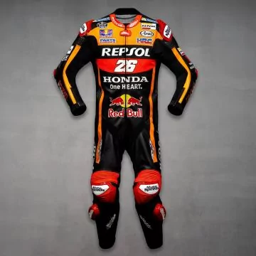 Dani Pedrosa MotoGP suit 2017 in black with fluorescent orange and red, front view