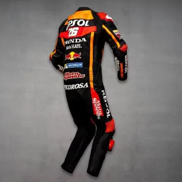 Pedrosa black Honda leathers, right rear view