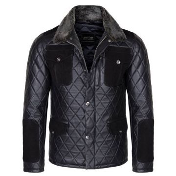 Diamond Leather Jacket with Fur Collar