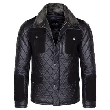 Chaqueta de cuero con cuello de pelo de diamante