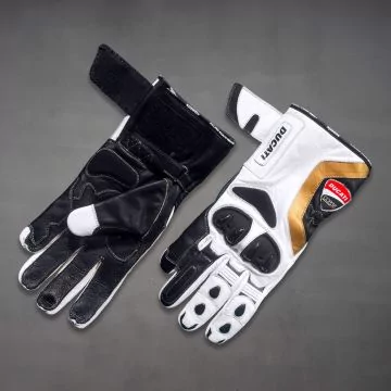 White Ducati leather racing gloves, top and palm view