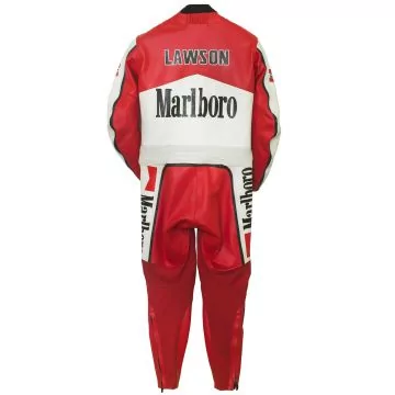 Eddie Lawson rød og hvit Yamaha skinndrakt, bakfra