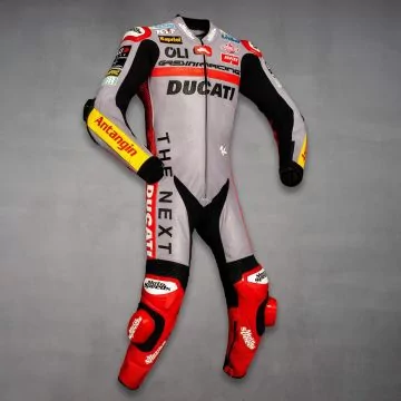 Combinaison de course réplique Ducati grise et rouge, vue de droite