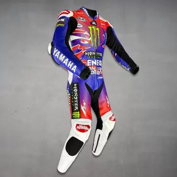 Combinaison de course Quartararo Yamaha bleue, rose et blanche, vue de droite
