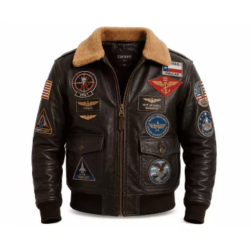 Top Gun Naval Pilot Patches Leather Jacket Men