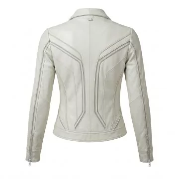 Natasha Romanoff white and black sheepskin jacket, back view