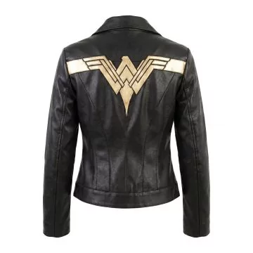Veste motard Wonder Woman en cuir de mouton noir inspirée de Diana Prince, vue de dos