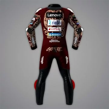 Francesco Bagnaia Italian GP 2025 brown and cream race suit, back view