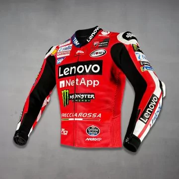 Blouson cuir Francesco Bagnaia Ducati 2026, vue de trois quarts avant gauche