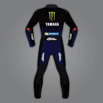 Franco Morbidelli black and blue race leathers, back view